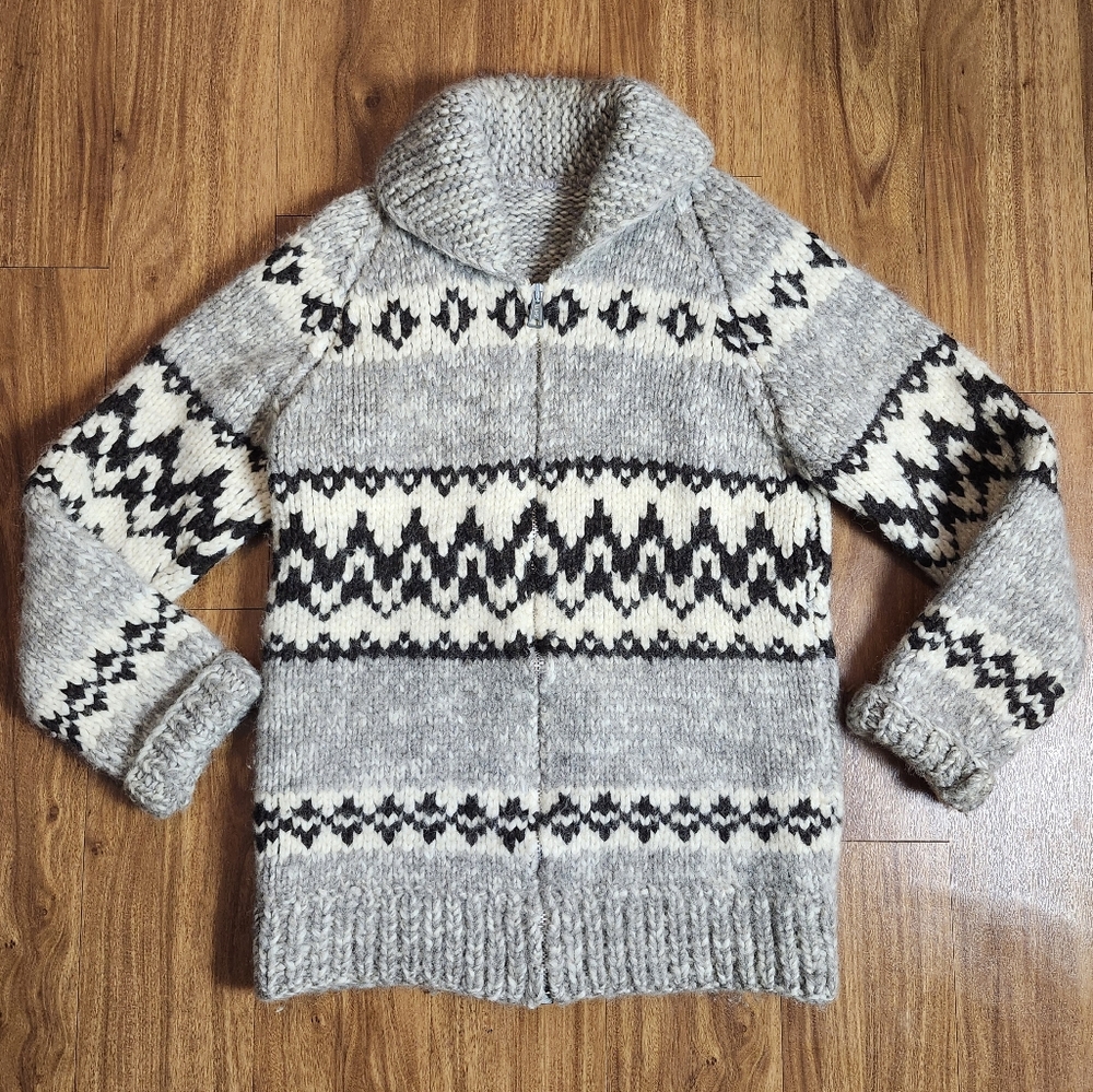 Vintage Wool Zippered Sweater Cardigan, Handmade Cowichan Style Sweater Large